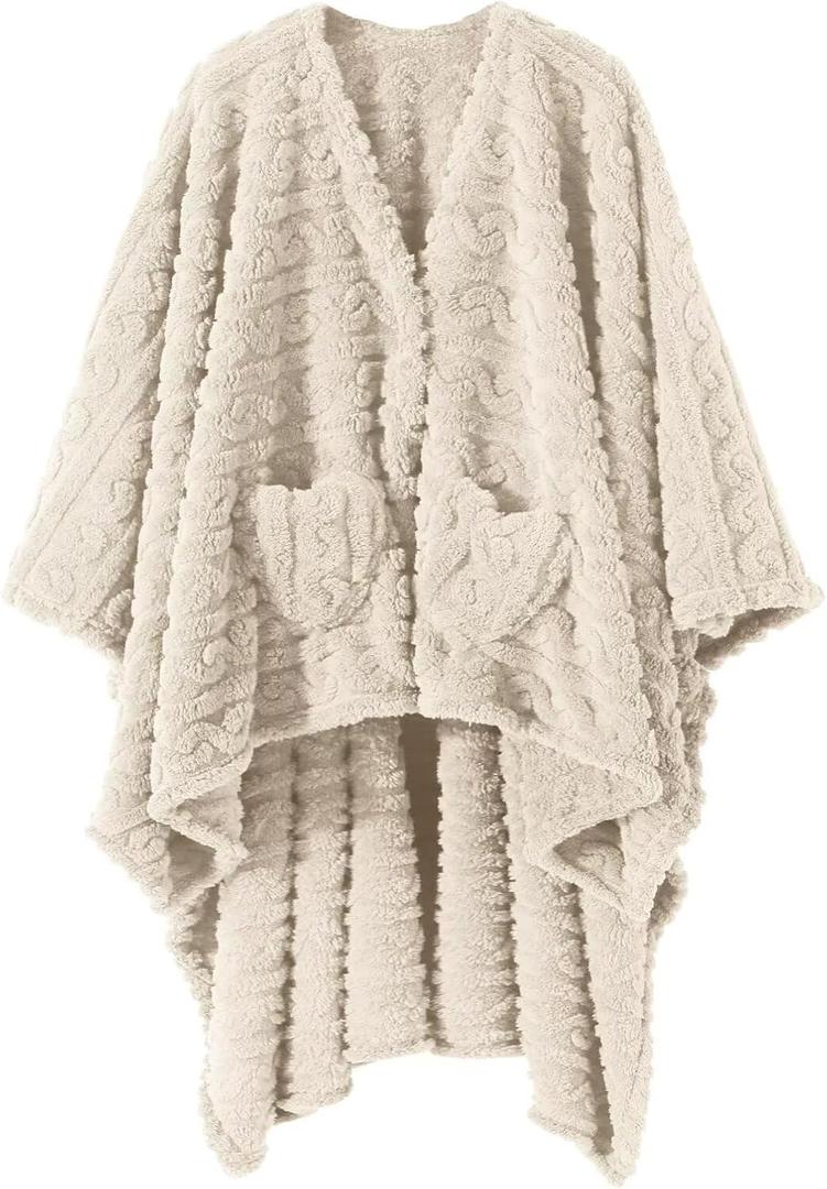 Wearable Blanket Sherpa Fleece Shawl Blanket with Pockets Blanket Poncho Cape for Adults, Cozy Shawl TV Throw Blankets (Ivory)