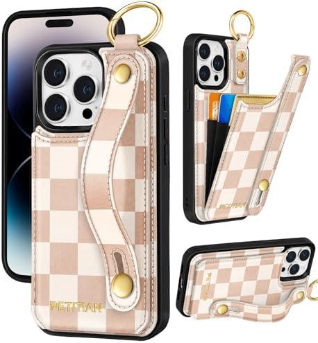 Petitian for iPhone 14 Pro Max Wallet Case - Women Girls Cute Girly Aesthetic Unique Design Leather Credit Card Holder Phone Cover Stand Wristband for iPhone 14 Pro Max, Khaki Checkered