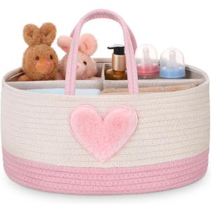 Aliceset Large Diaper Caddy for Baby Girl Boy Rope Nursery Storage Bin Basket Portable Holder Tote Bag for Changing Table Car Travel Baby Shower Gifts Newborn Essentials Registry Must Have(Pink Heart)