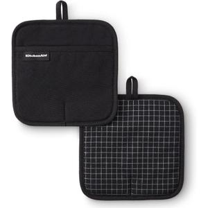 KITCHENAID Gourmet Series Gridlines Pot Holders 2-Pack Set, Heat Resistant up to 600F, Soft Silicone Grip, Magnetic Cuff, Matte Black, 8"x8"