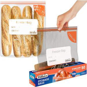 Dirose 2 Gallon Reclosable Bags - Double Zipper, Heavy Duty, Clear Plastic Storage Bags for Food, and Household Use - 50 Count