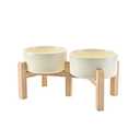 SPUNKYJUNKY Elevated Dog Bowls Ceramic, 6.1'' Dogs and Cat Food Water Bowls Raised with Non-Slip Bamboo Stand for Medium Sized Breed Microwave Dishwasher Safe - 28.7 OZ,Beige