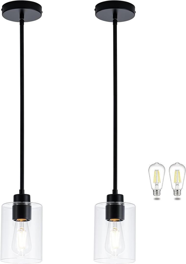 MAYNA 2-Pack Black Farmhouse Pendant Lighting, Rustic Glass Kitchen Island Lights with Bulbs, Adjustable Rods Vintage Hanging Fixtures for Dining Room, Bar