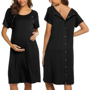 Ekouaer Womens Nursing/Delivery/Labor/Hospital Nightdress Short Sleeve Maternity Nightgown with Button, Size: XL (Black)