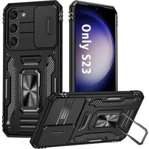 ANGELAS Shockproof Phone Case for Samsung Galaxy S23 - Silicone TPU Bumper with Anti-Fall Protection,Slide Camera Cover & Rotating Ring Kickstand,6.1Inch,Black