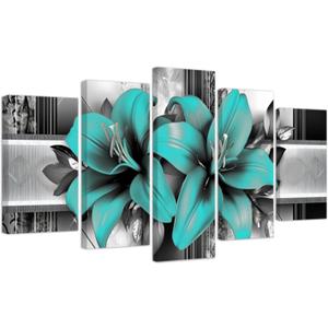 CXHOSTENT Large Floral Canvas Wall Art 5 Pieces Lily Pictures Prints Abstract Flower Painting Framed Artwork Modern Bedroom Gallery Wall Decor (Teal, 8"x14"x2 8"x18"x2 8"x22"x1)
