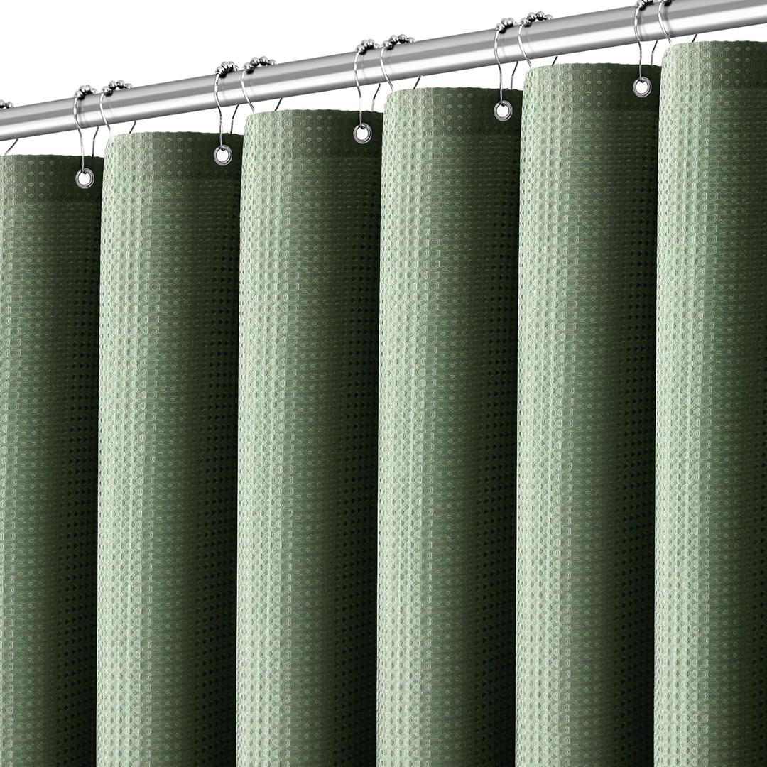 PANGSINNE Sage Green Shower Curtain - Waffle Weave Fabric Heavy Duty for Bathroom, Water Repellent Weighted 256GSM Hotel Quality Machine Washable Bath Curtains with 12 Hooks, 72Wx72H