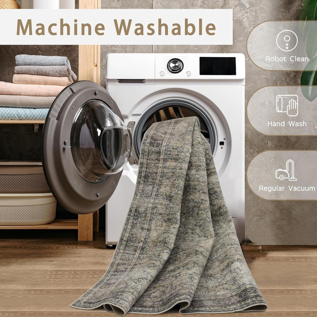 Srugn Washable Rugs 8x10 Area Rugs for Living Room,Bedroom,Dining Room- Large Ultra Soft Faux Wool Retro Carpet,Non Slip&Non-Shedding Low Pile Vintage Print Rug for Home Office- Brass Brown