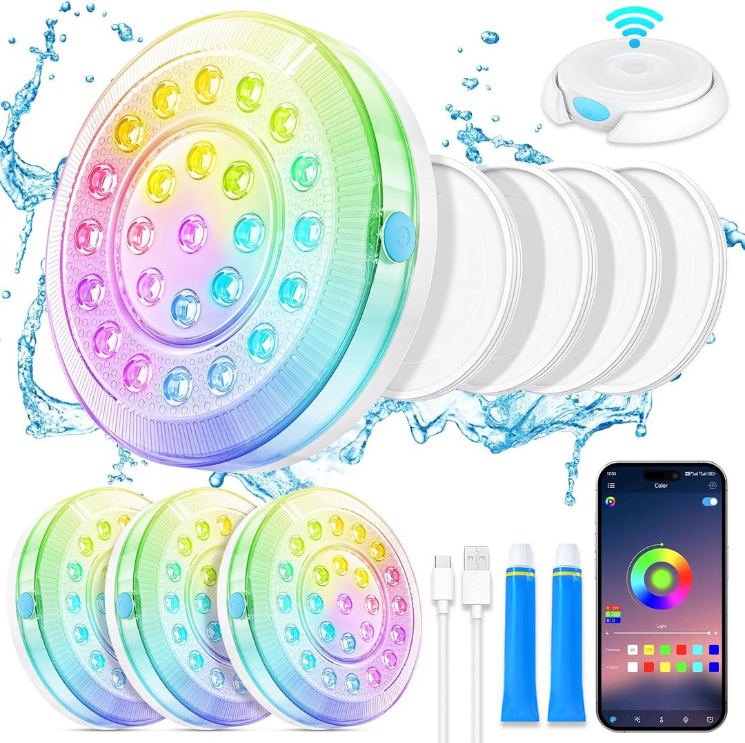 Homly Rechargeable Submersible Pool Lights with Wireless APP Control, Waterproof Underwater Smart LED Lights Controlled Multiple Lighting Modes, 4000mAh Magnets Light for Multi Scene Pool Decoration