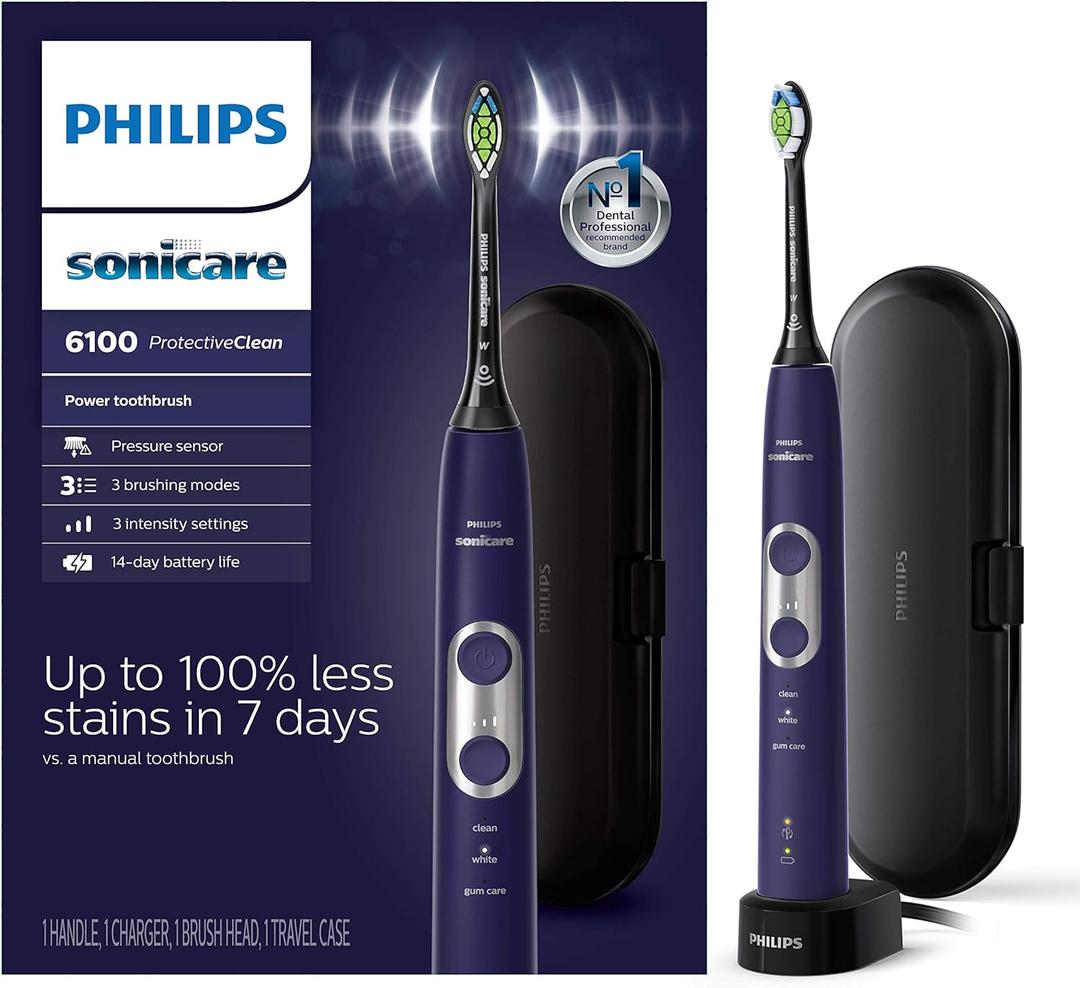 Philips Sonicare ProtectiveClean 6100 Rechargeable Electric Toothbrush, with Pressure Sensor, 3 Cleaning Modes, SmarTimer and QuadPacer, 14Day Battery Life, Travel Case, Deep Purple, Model HX6471/03