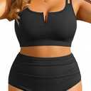 Yonique Women Plus Size High Waisted Bikini - Ribbed Two Piece Swimsuit Tummy Control Bathing Suit V-Wired 2025 Swimwear Black 16W Size L