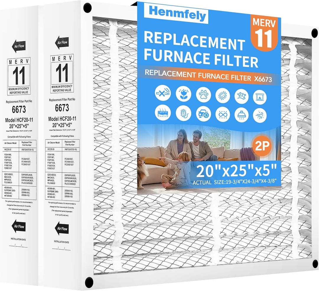 2 Pack X6673 20x25x5 Replacement Air Filter for Lennox X6673 HCF20-11, FC100A1037, Furnace HVAC System, MERV 11, Actual Size: 19.75 x 24.75 x 4.38 Inches