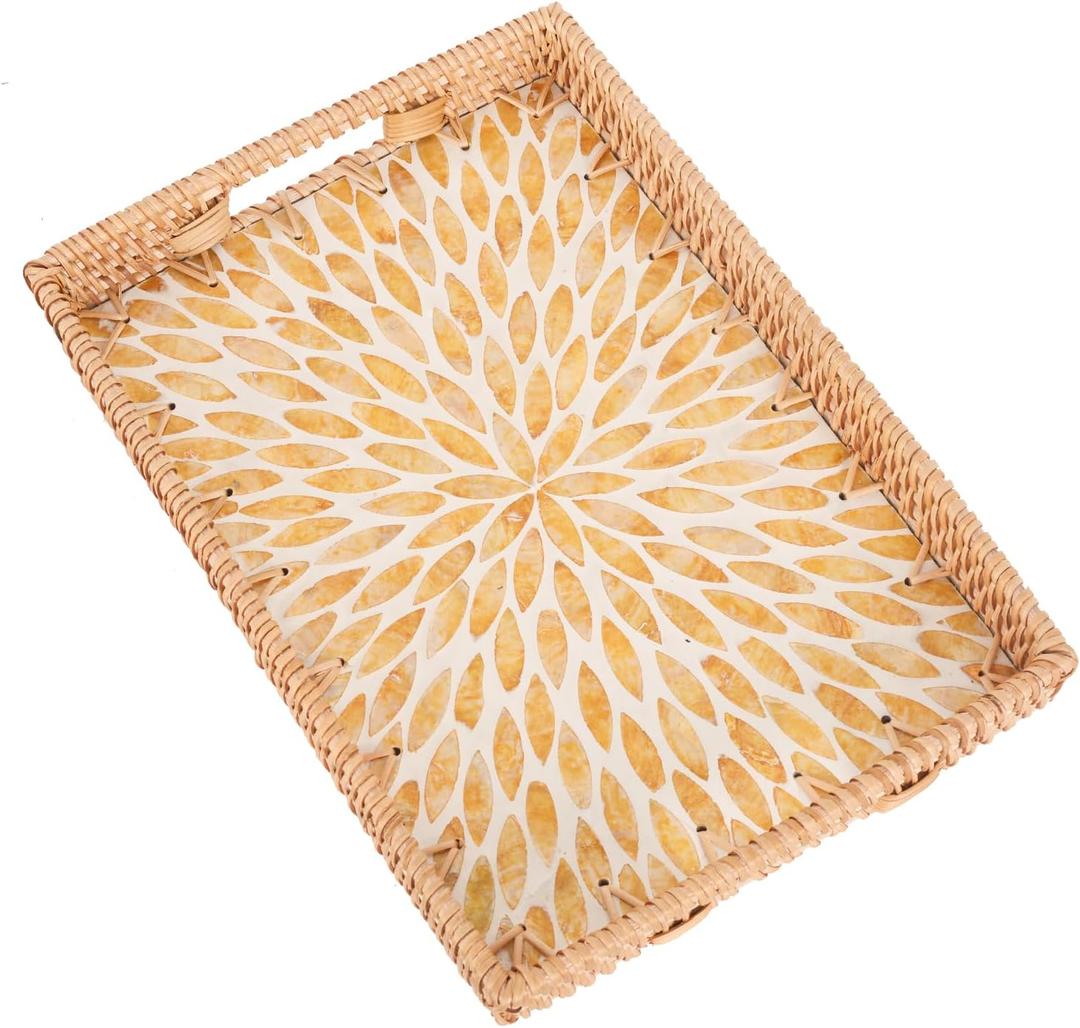 Tynulox Rectangle Rattan Tray with Mother of Pearl Inlay, Rattan Serving Tray with Handle for Coffee, Bread, Fruits, Snacks, Decorative Wicker Tray for Table Decor (Rectangle Amber Leaf, 13"9")