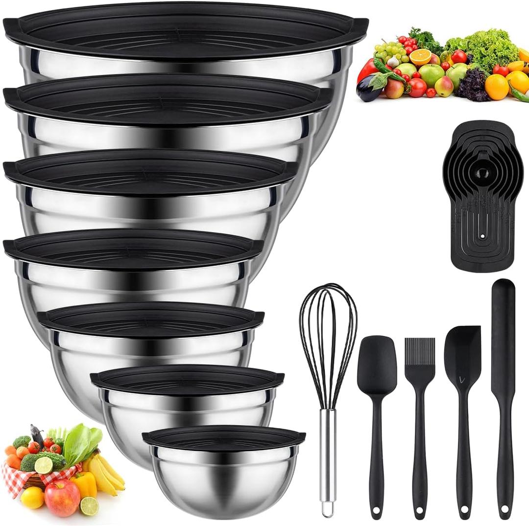Leidawn Mixing Bowls with Lids set - 25 PCS Stainless Steel Nesting Black Mixing Bowls Set for Baking, Mixing, Serving & Prepping, Size 5, 3.7, 2.8, 2.3, 1.7, 1.1, 0.7QT, 11 Cooking Utensils