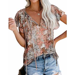 SimpleFun Women's Boho Tops Floral V Neck Short Sleeve Summer Blouse Shirts (Beige, S)