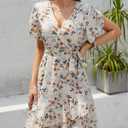 Womens Wrap V Neck Short Sleeve Dress 2025 Summer Floral Boho Dress Ruffle A Line Flowy High Low Midi Dresses (M)