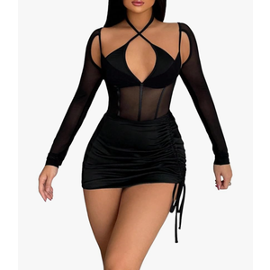 No Brand Women's Sexy 2 Piece Outfits Mesh Long Sleeve Sheer Halter Bodysuit and Mini Skirt Set, M