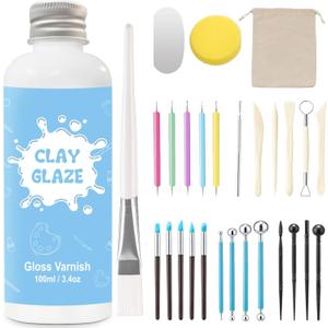 EIGTWEN 100ml Air Dry Clay Glaze and 29pcs Clay tools kit, Gloss Clay Varnish Protects Clay from Surface Wear, Pottery Tools Can be Used for Stippling, Carving, Molding, and Shaping Clay Crafts(Gloss)