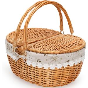 ZORMY 15" Wicker Picnic Baskets with Removable Liner, Empty Picnic Basket with Lid, Picnic Hamper with Folding Woven Handles for Picnic, Camping, Outdoor, Halloween, Thanks Giving - WhiteKapok