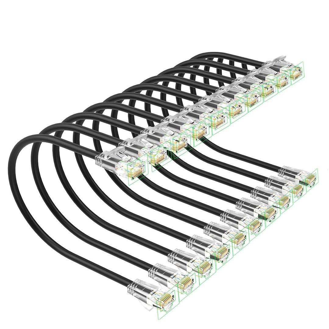 Cat 6 Patch Cables 1 feet (10Pack), Slim Cat6a Ethernet Patch Cable 10Gbps 550Mhz, UTP Pure Copper Patch Cables Cat6, Flexible Thin Cat6a Patch Cable for Network Devices Setup, Black