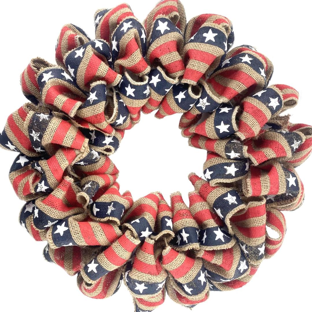 18 Inch Burlap Forth of July Patriotic Wreath for Front Door, Red Stripe Blue Star Ribbon Natural Burlap Color Wreath for Home Decor, Memorial Day Independence Day Home Decor