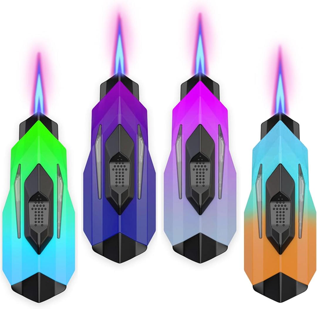 Torch Lighter, 4 Pack Jet Flame Torch Lighters, Cool Lighter Refillable Butane, Adjustable Flame Windproof Lighter for Candle, Kitchen, BBQ, Outdoor (Without Butane)-fc