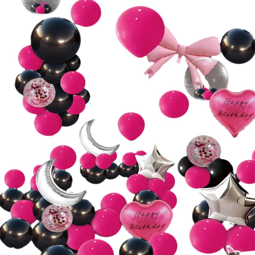 Black and Pink Party Decoration Set Happy Birthday Backdrop Birthday Decor Including Confetti Balloons Shaped Balloons and Accessories (Black+Pink)