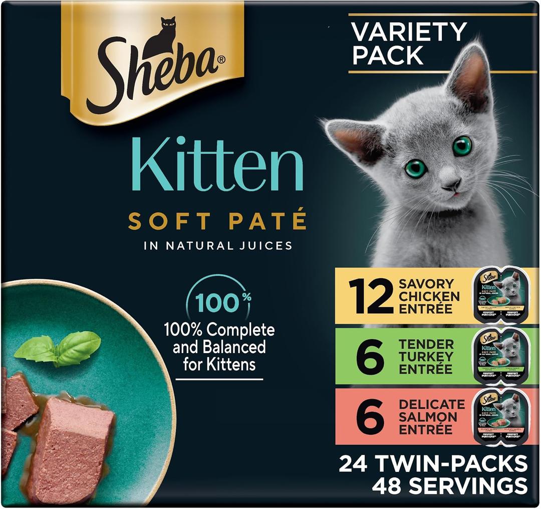 Sheba Perfect Portions Kitten Wet Cat Food Pate Chicken Entree, Salmon Entree, and Turkey Entree, 2.6 oz. Twin-Pack Trays (24 Count, 48 Servings) (EXP 04/01/28)