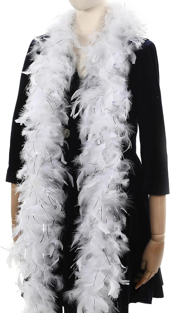 White with Silver Tinsel Boas - 80g 2 Yards Feathers Boas for Party Bulk,Christmas,Wedding,Concert,Pet and Home Decoration(80g-WhiteSilverTinsel)