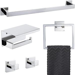 Bathroom Towel Bar Set Toilet Paper Holder with Shelf, Polished Chrome Bathroom Accessories Set, 23.6 Inch Towel Bar Towel Ring Towel Hook 5-Piece Bathroom Hardware Set