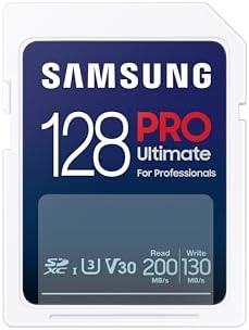 Samsung PRO Ultimate Full Size 128GB SDXC Memory Card, Up to 200 MB/s, 4K UHD, UHS-I, C10, U3, V30, A2, for DSLR, Mirrorless Cameras, PCs, MB-SY128S/AM