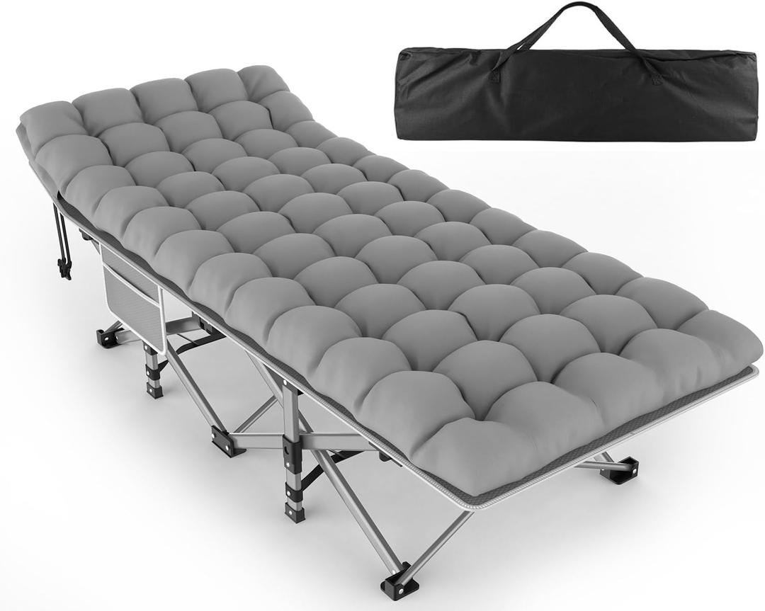 ZENPETIO Camping Cot for Adults - Heavy-Duty Cot Bed with Mattress, Portable Sleeping Cots for Outdoor Indoor, 1200D Oxford Folding Cots for Home Travel, Max Load 500LBS, Fits People up to 6'3", Gray