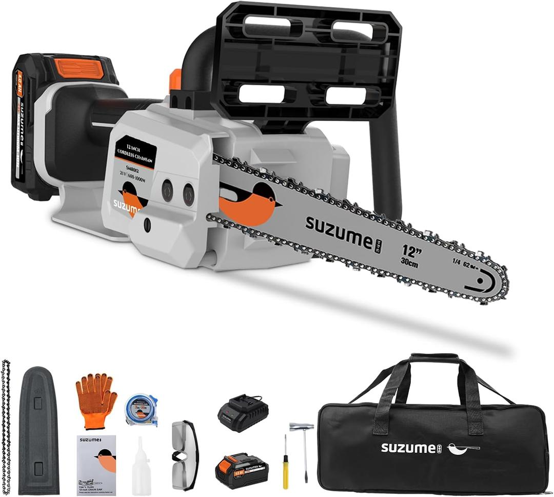 SUZUME Battery Chainsaw 12 Inch, 21V 2x4.0Ah Batteries 2 x Chains Electric Chain saw Cordless with 33 Ft/s Powerful Cutting Auto Oiling for Pruning Fallen Tree Cleaning Wood Cutting DIY