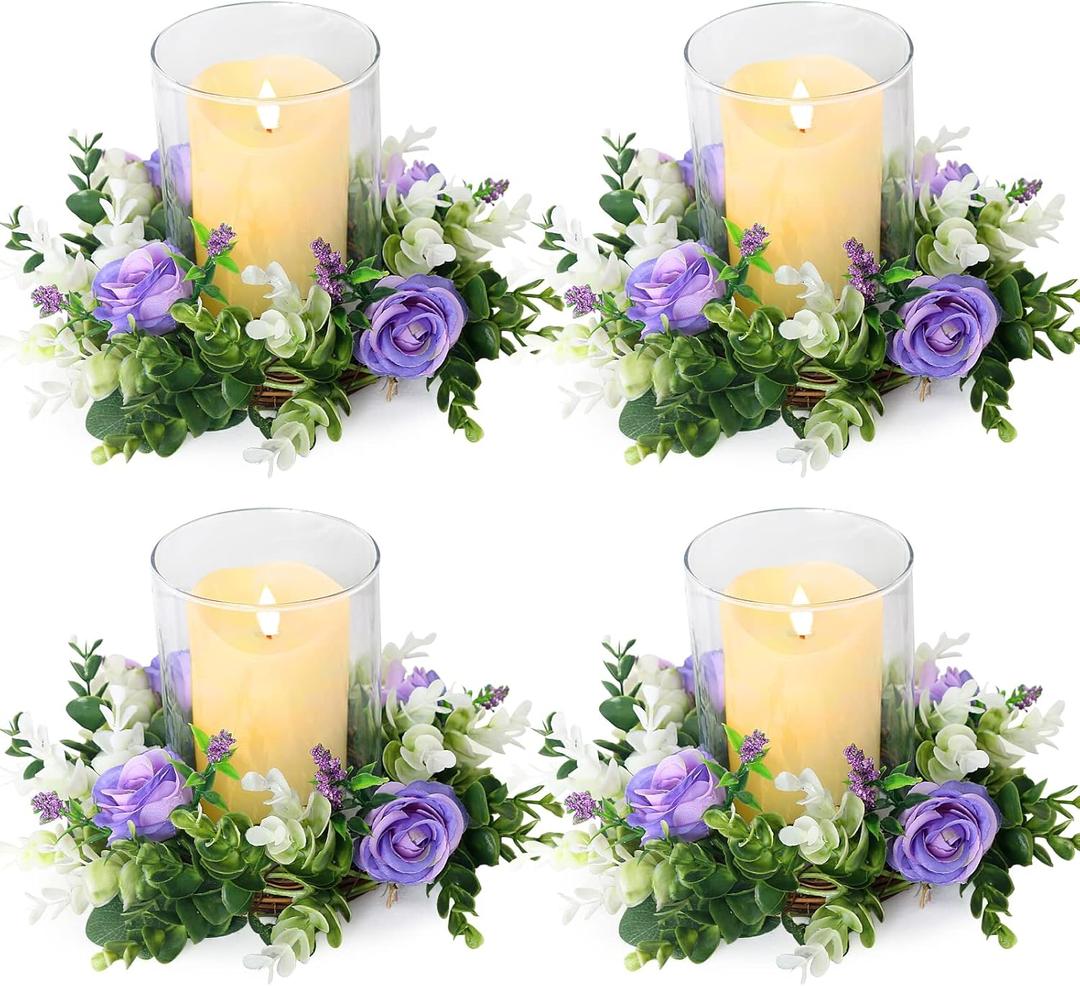 4 Pcs Purple Rose Candle Rings - Artificial Floral Wreaths with Eucalyptus Leaves Greenery Flower Wreaths for Pillar Farmhouse Wedding Centerpiece Party Home Decor