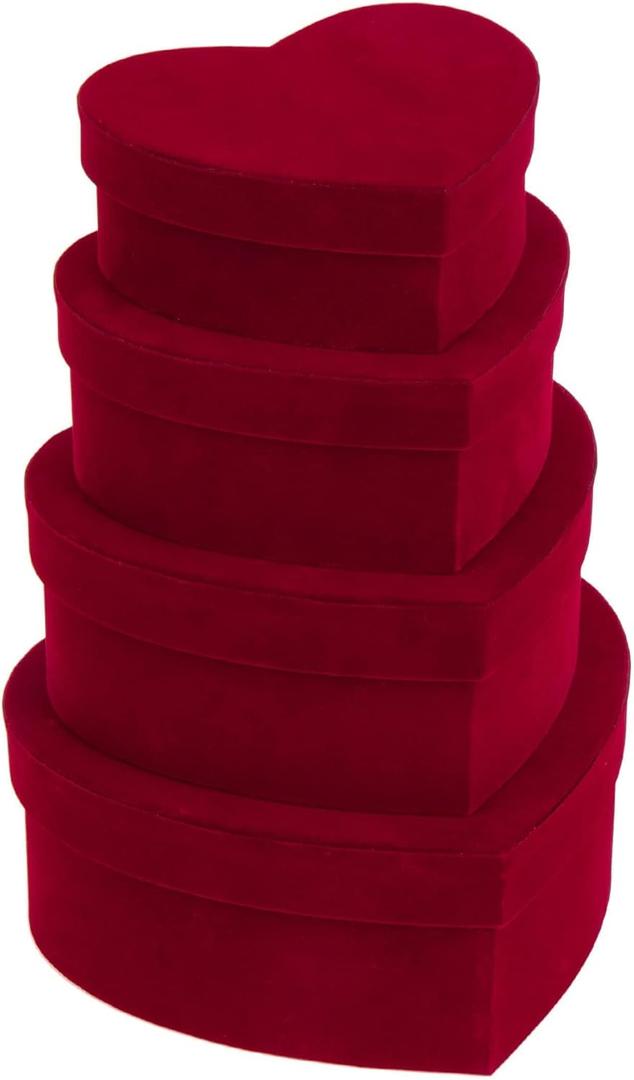 GnFlus Red Wine Gift Boxes with Lids for Presents 4 Pack Heart Shaped Velvet Nesting Burgundy Gifts Box for Arrangements Flowers Wedding Valentines Christmas Birthdays Bridesmaid Anniversary Party