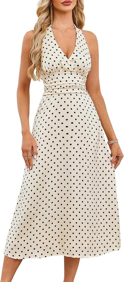 Womens Polka Dot Satin Halter Neck Dress V Neck A Line Flattering Figure Date Night Out Dress (Medium)
