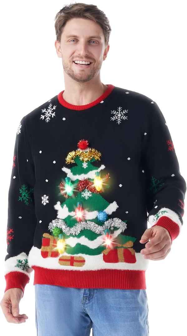 Giggling Getup Ugly Christmas Sweater with Light, LED Ugly Christmas Sweater for Women Men Kids 2025 Christmas Tree (Black), L