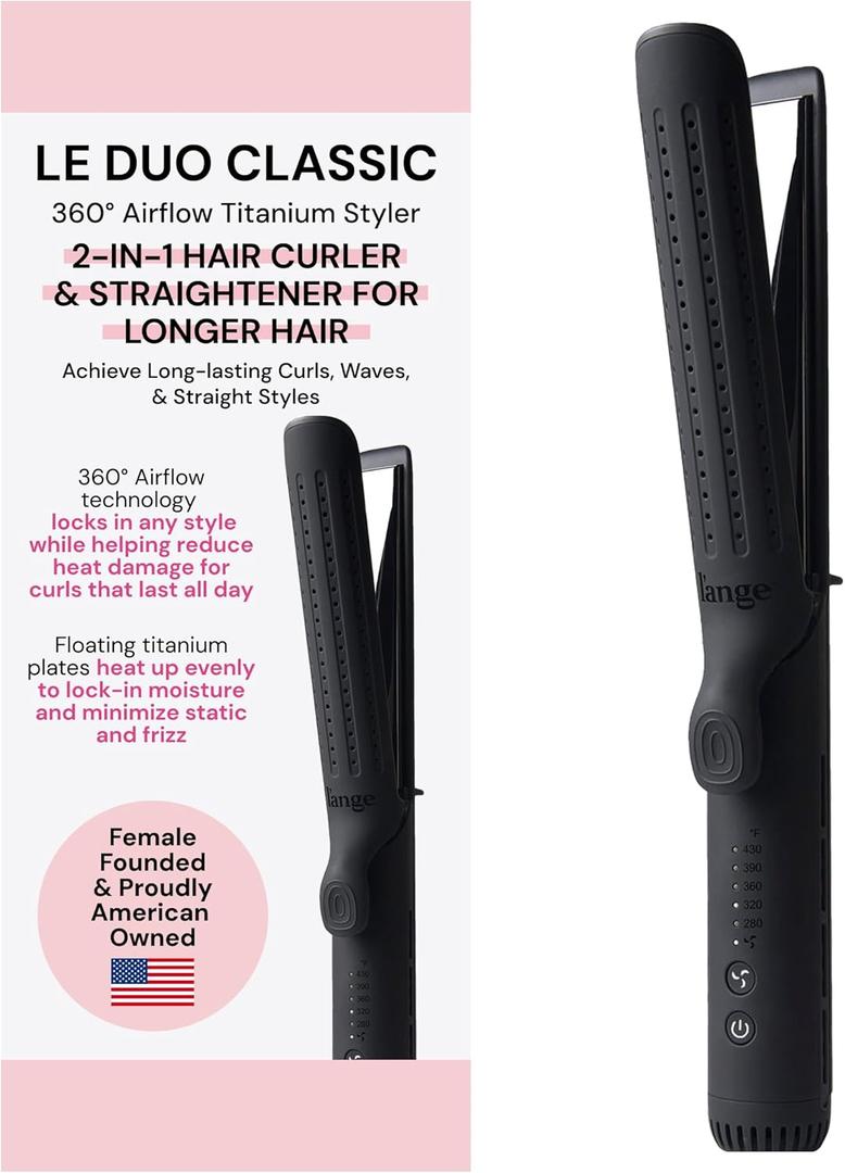 L'ANGE HAIR Le Duo Grande 360 Airflow Styler | 2-in-1 Curling Wand & Titanium Flat Iron Professional Hair Straightener and Curler with Cooling Air Vents to Lock in Style | Adjustable Temp (Black)