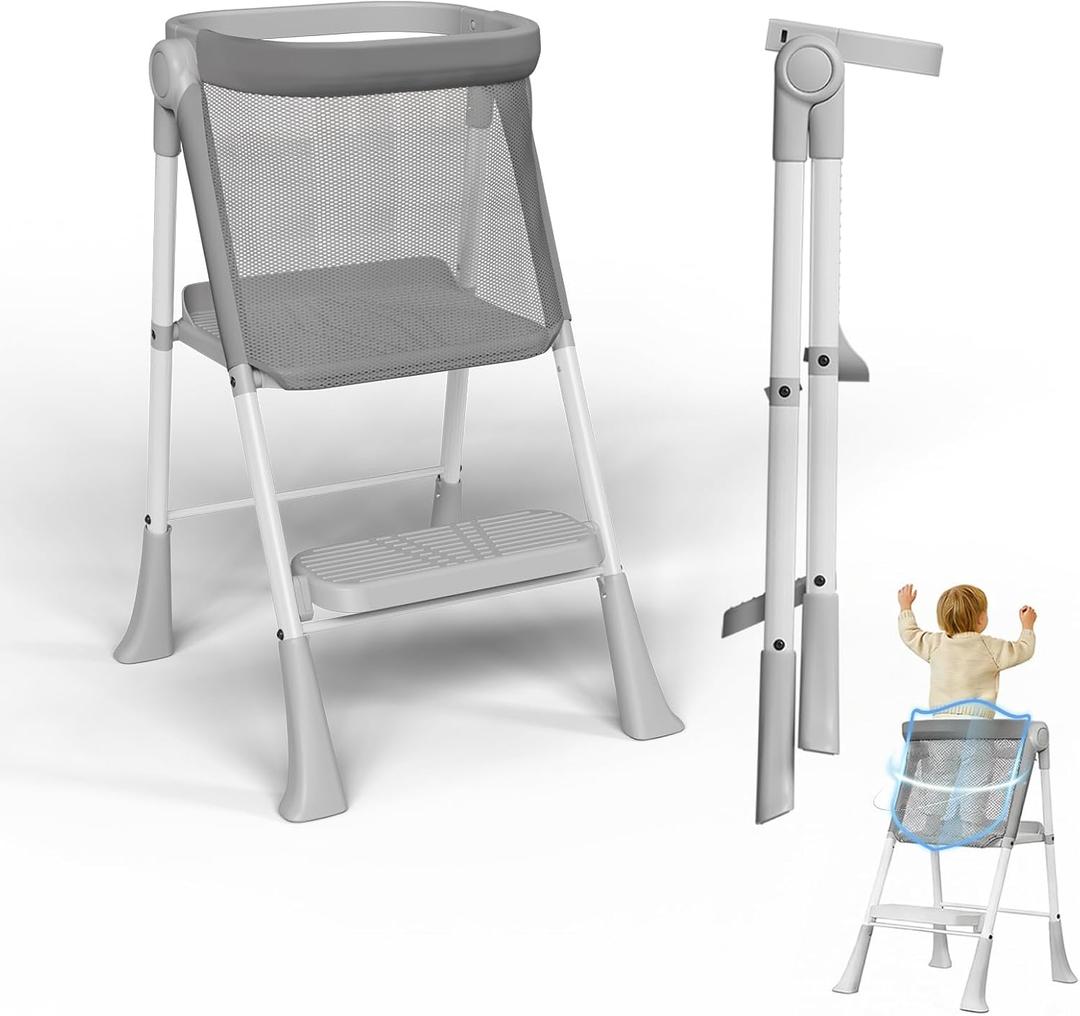 Toddler Tower Foldable, Foldable Toddler Standing Tower for Bathroom Sink or Kitchen Counter with Safety Net, Suitable for 1-6 Years,Grey