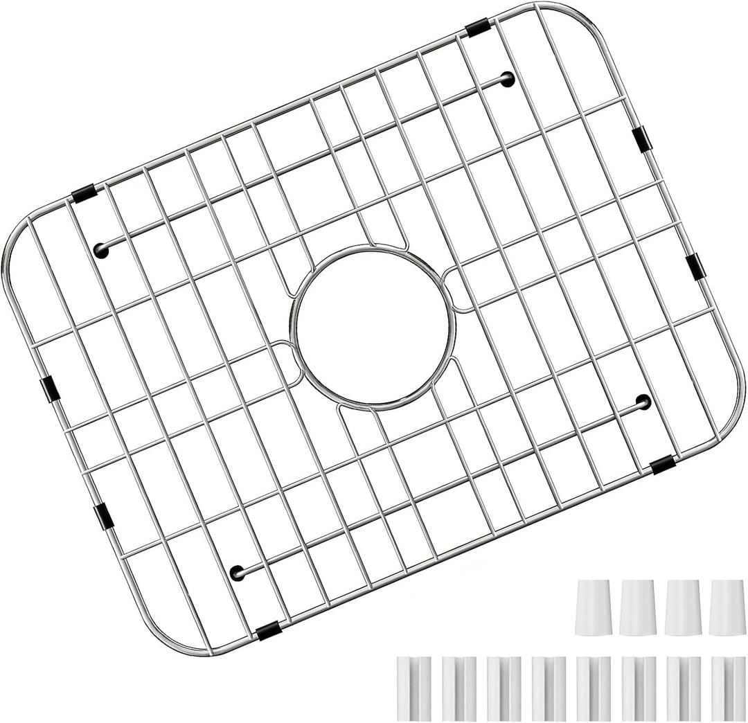 GUUKIN Sink Protectors for Kitchen Sink Bottom, 18" x 12-1/2"Stainless Steel Sink Protector with Center Drain Hole, Grid Rack Mat with Extra Replacement White Rubber Fee