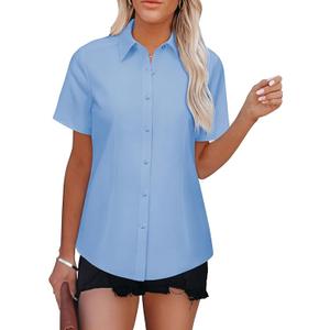 Siliteelon Light Blue Shirts for Women Stain-Resistant Button Down Shirt Short Sleeve Dress Shirt Easy Care Business Casual Tops Work Blouse, XL