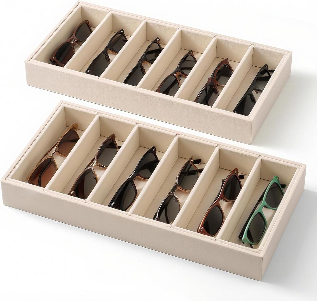 2 Pack Velvet Sunglasses Organizer Trays 12 Slots Stackable Sunglass Holder for Women, Sunglasses Storage Tray for Jewelry Box, Watches Accessories,Beige