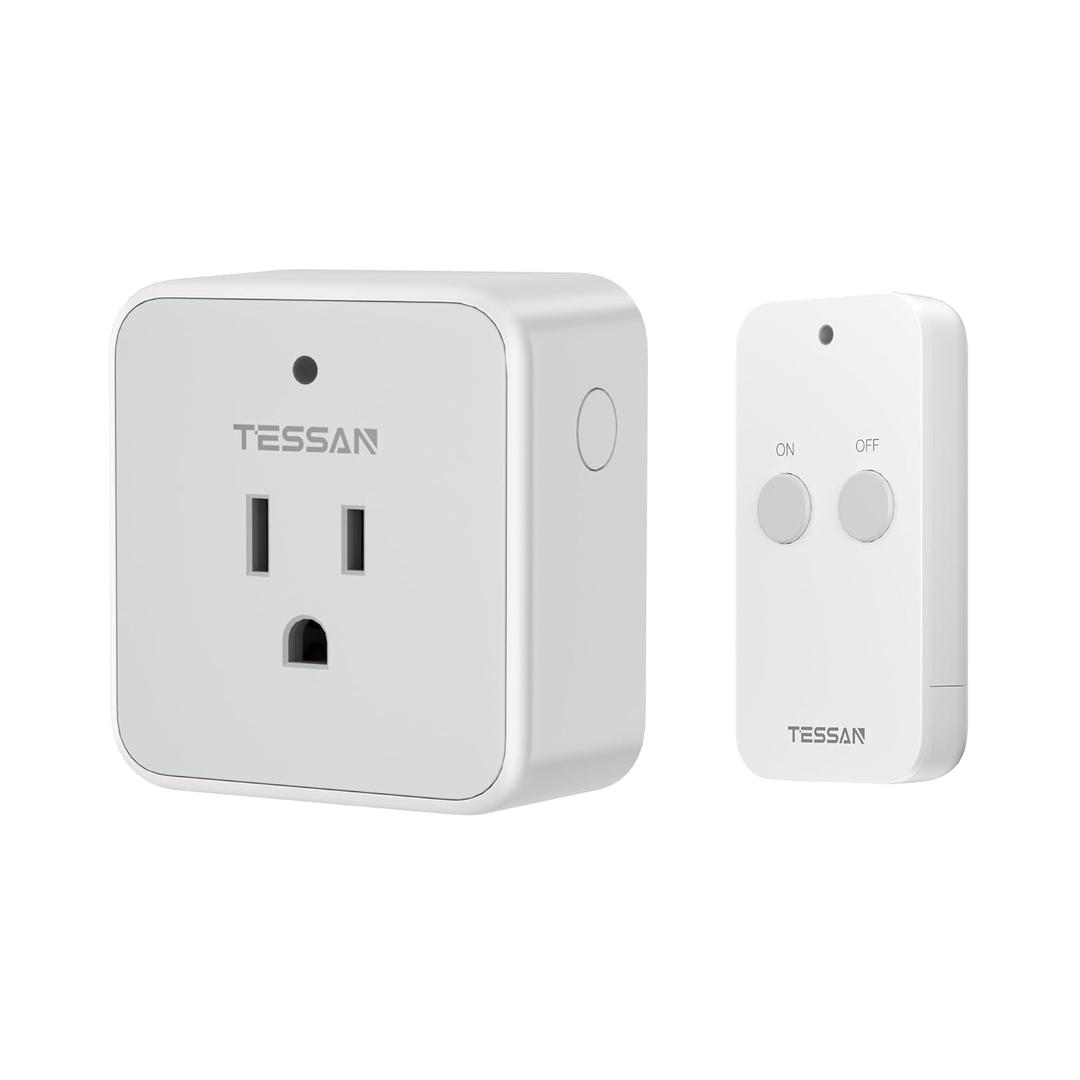 Remote Control Outlet, TESSAN Wireless Light Switch, On Off Switch Plug for Lights, Lamps, Fans, Household Appliances, 100ft RF Range, 15A/1875W(1 Remote + 1 Outlet) (White&Gray)