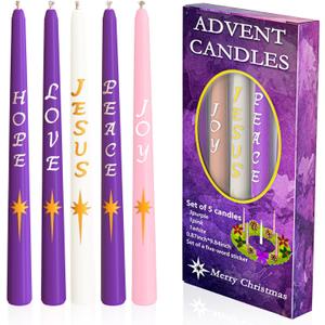 Advent Candles Set of 5 Christmas Taper Candles 8 Hour Burn Seasonal Candle with Words Love, Peace, Hope, Joy,Jesus for Holidays, Party, Advent Wreath Candle Holder 3 Purple, 1 Pink, 1 White