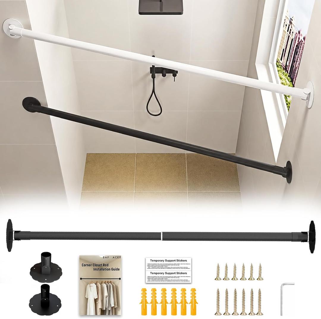 Adjustable Corner Closet Rod 22"-30", Black Wall Mounted Hanger Bar with 180° Swivel Bases, Heavy-Duty Garment Rod for Bedrooms, Closets, and Laundry Rooms