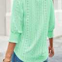 Tankaneo Womens 3/4 Length Sleeve Ladies Tops and Blouses Casual Eyelet Top Crewneck Dressy Shirts with Smocked Cuffs 2025 (Green, M)