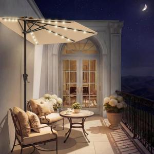 HOMSHADE 9FT Half Patio Umbrella with Solar LED Lights for Outdoor, Waterproof Half Umbrella for Small Spaces, Balcony, Deck (Beige)