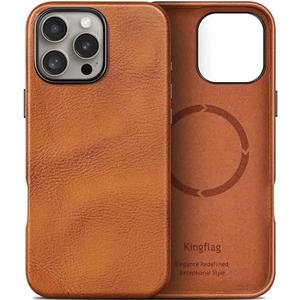 kingflag Genuine Leather Case for iPhone 16 Pro 6.3 inch, Oil Wax Top-Grain Leather, Compatible with MagSafe, Metal Buttons and Camera Bezel (Tan)