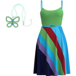 Rainbow Stripe Backless Slip Dress with Green Butterfly Necklace  Trendy Summer Bodycon Outfit (Large)