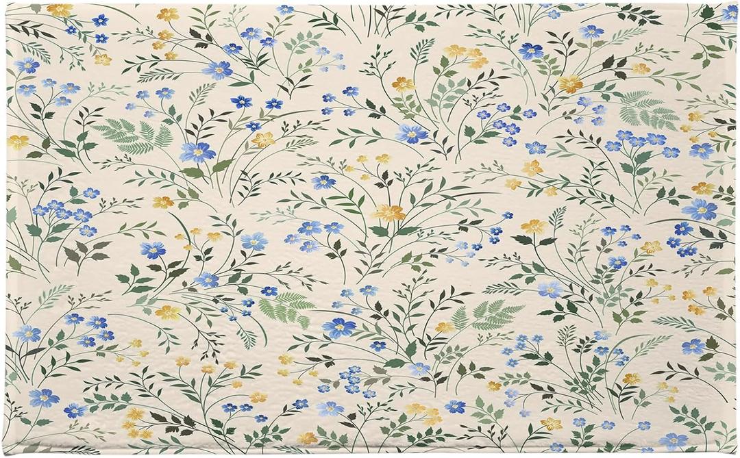 LB Country Wildflower Bath Mat for Bathroom, Blue and Yellow Floral Green Leaf Plant Bathroom Rug, Beige Non Slip Absorbent Bathroom Mat Doormat, 32x20 Inch